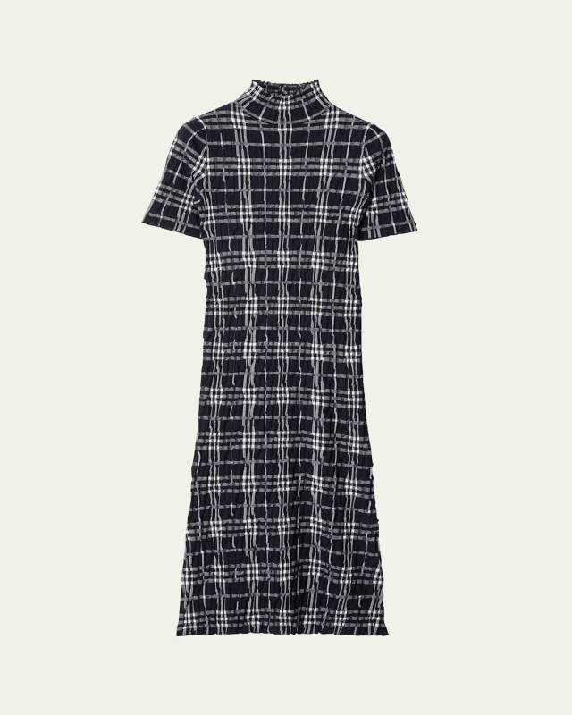 Check Short-Sleeve Crinkle Midi Dress